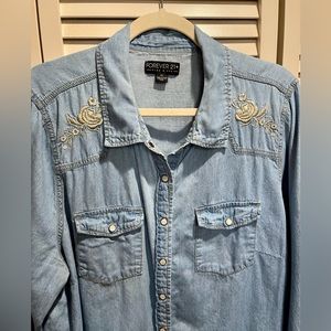 Western style embroidered rose button down shirt